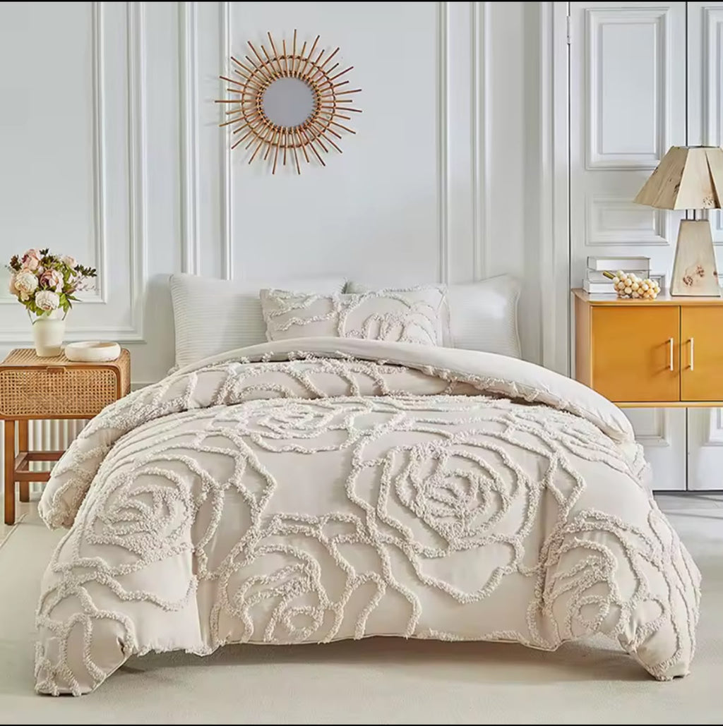 Velour Egyptian Cotton Rose Textured Duvet Cover Set Beige