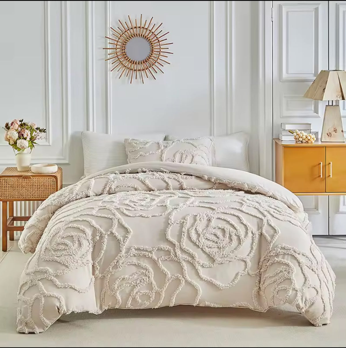 Velour Egyptian Cotton Rose Textured Duvet Cover Set Beige