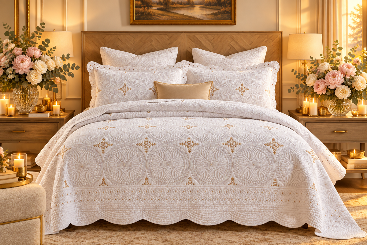 Bedspread Embroidered - Quarto Luxuoso com Flores