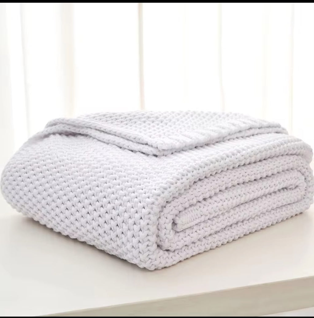 Close-up chunky knit texture olive green throw blanket