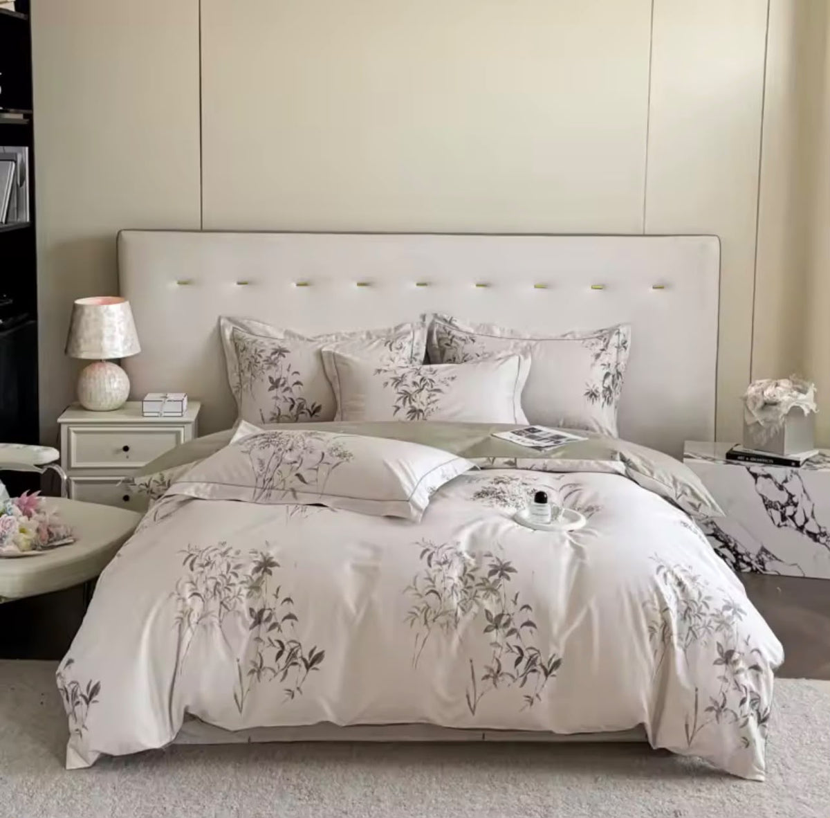 Floral Egyptian cotton duvet cover set styled on elegant king-size bed