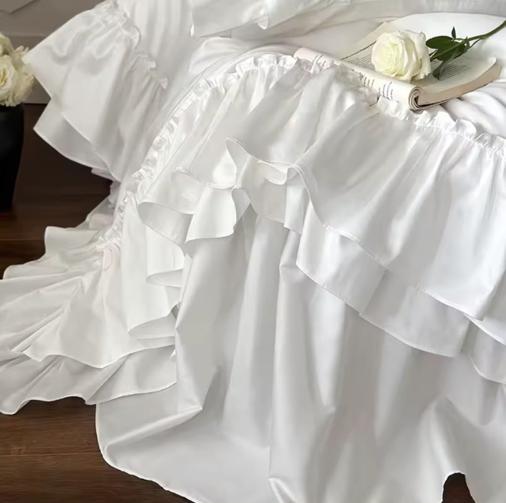 Egyptian cotton ruffled double-layer bed set white French princess style close-up detail