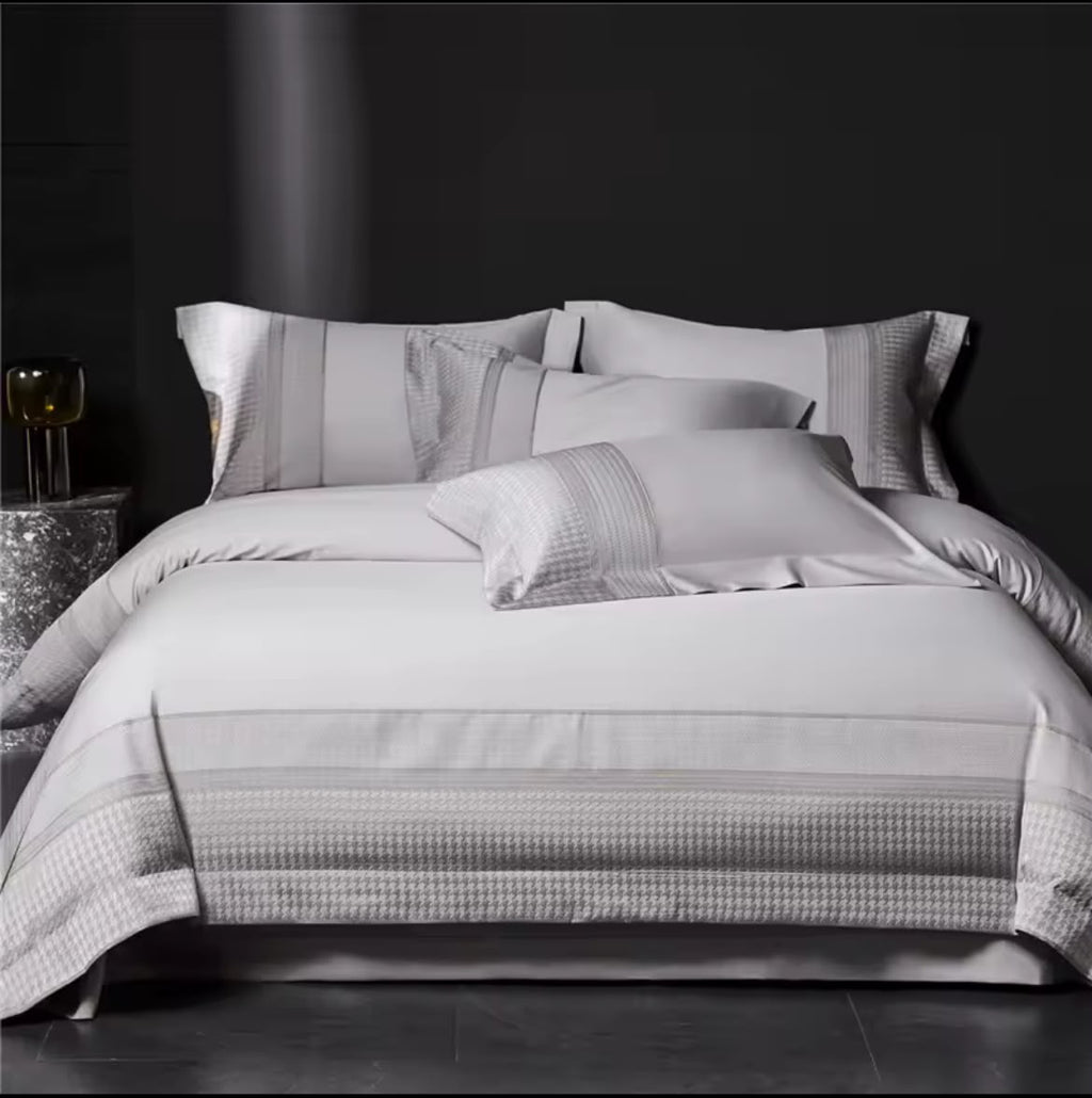 Silver grey Egyptian cotton 1000TC bedding set on king bed – full view with wide border embroidery