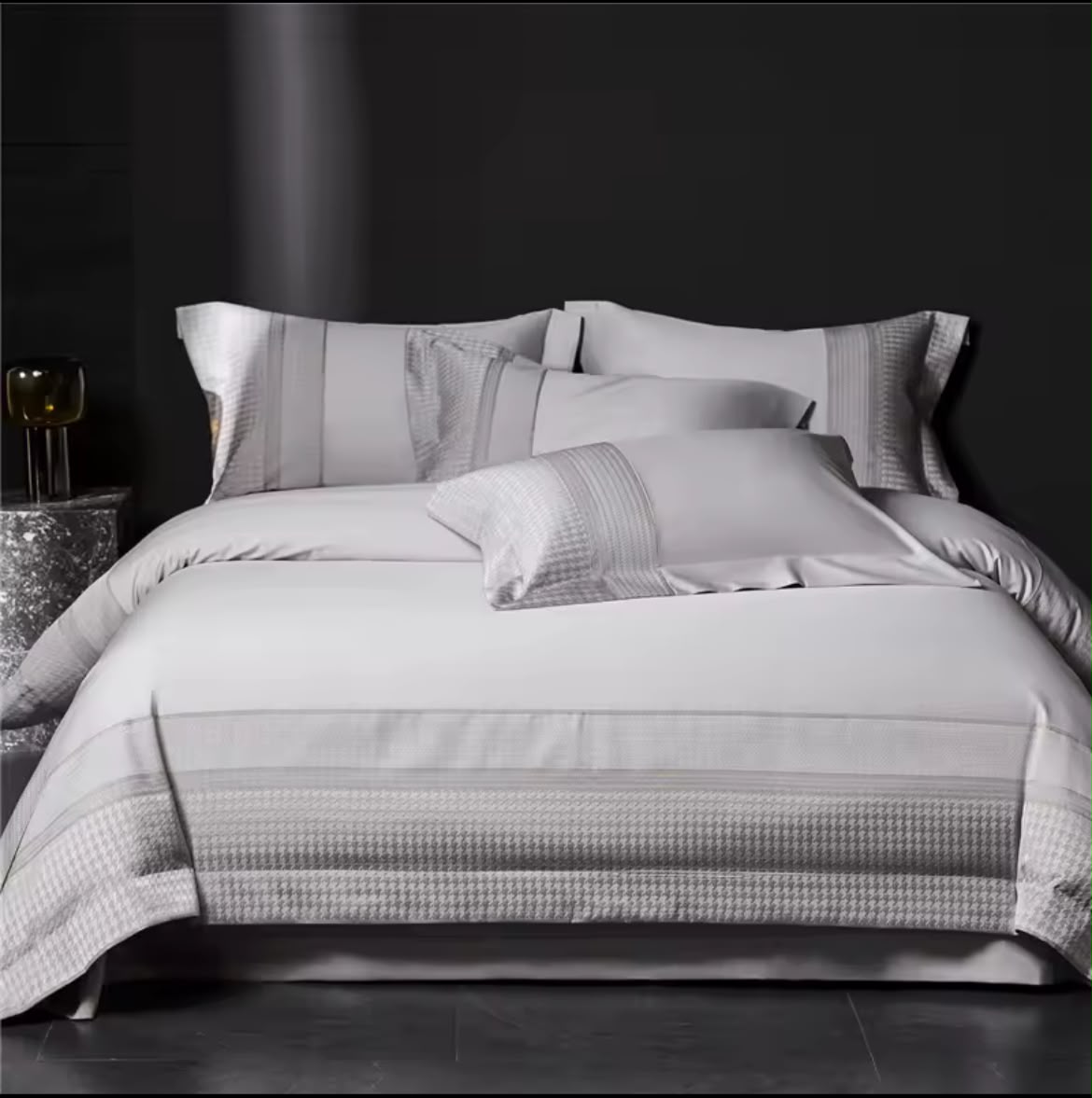 Silver grey Egyptian cotton 1000TC bedding set on king bed – full view with wide border embroidery
