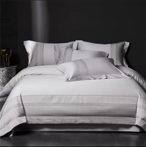 Silver grey Egyptian cotton 1000TC bedding set on king bed – full view with wide border embroidery