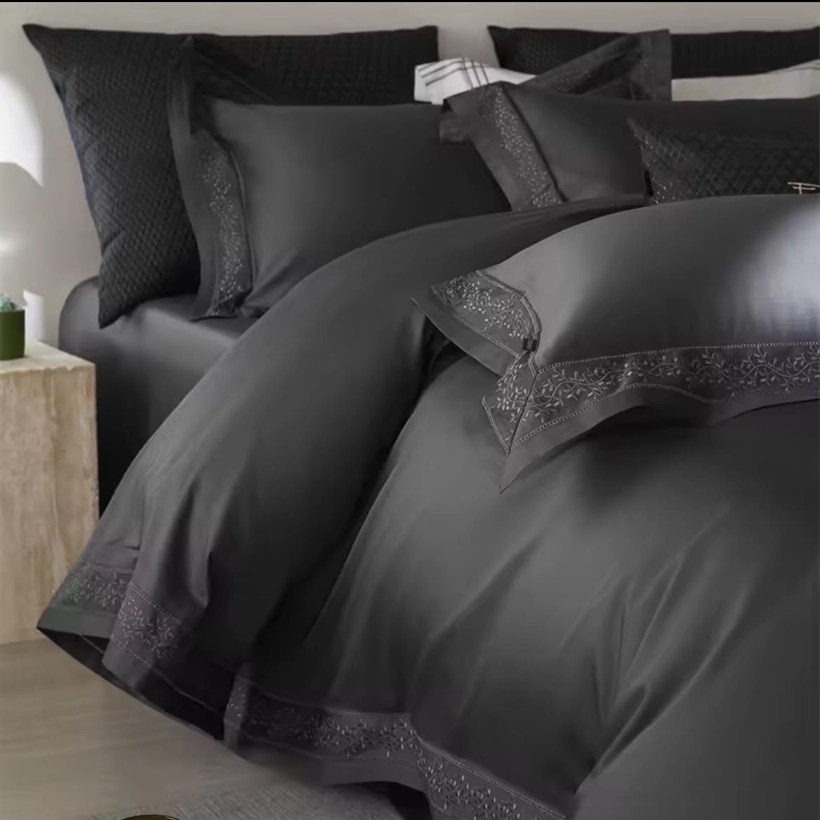 Luxury dark grey Egyptian cotton bedding set with wide border embroidery detail