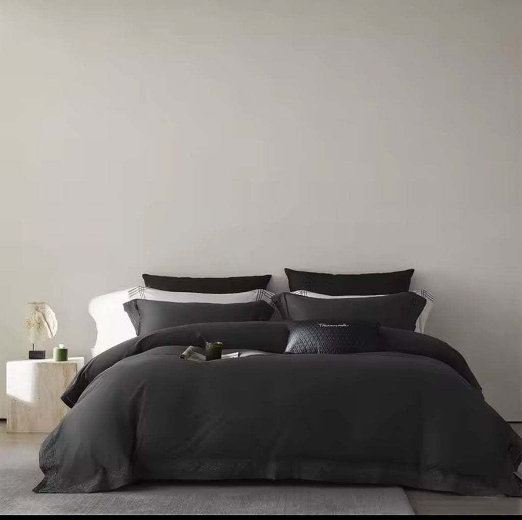 Luxury dark grey Egyptian cotton bedding set full bed view minimalist room