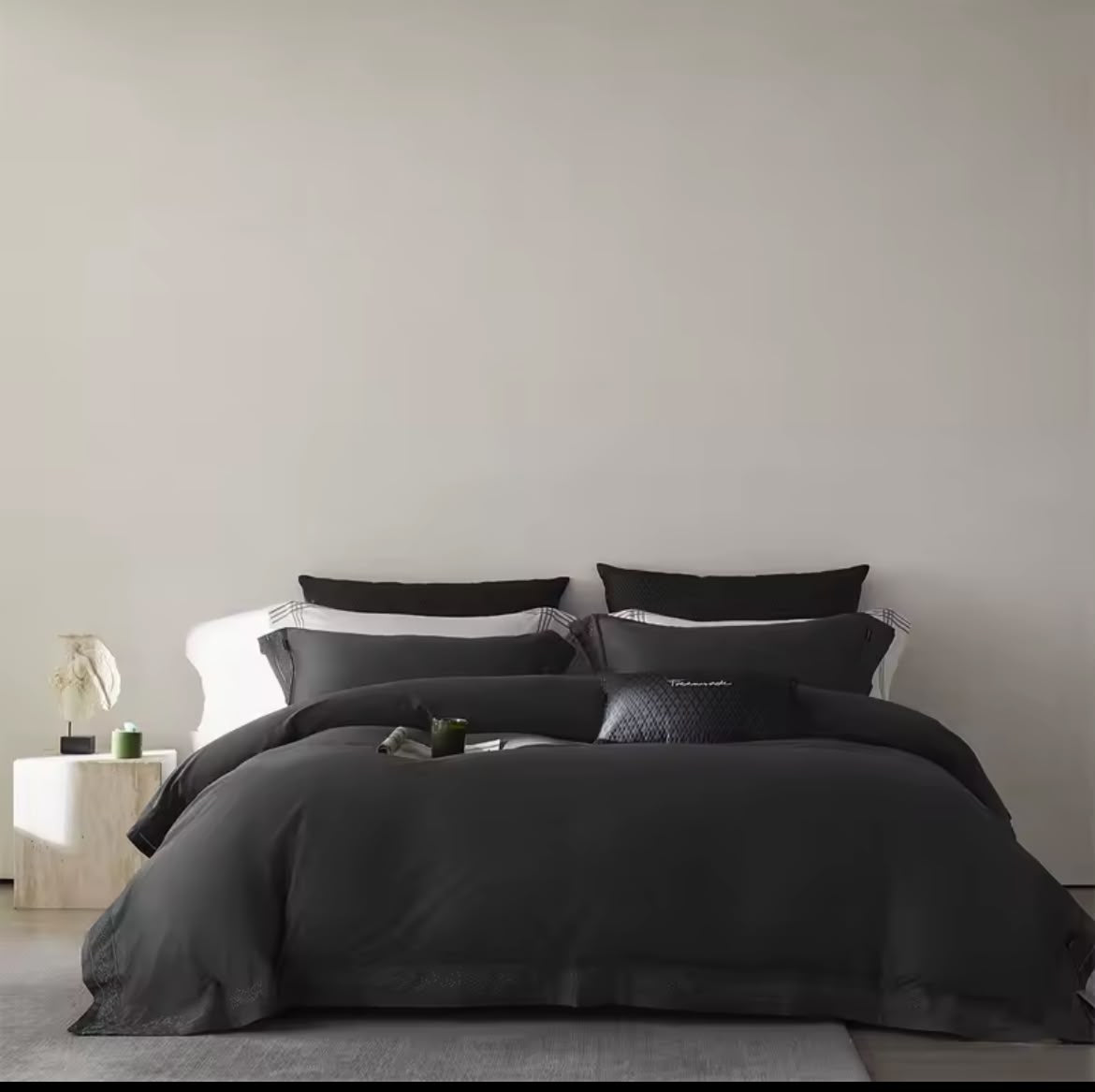 Luxury dark grey Egyptian cotton bedding set full bed view minimalist room