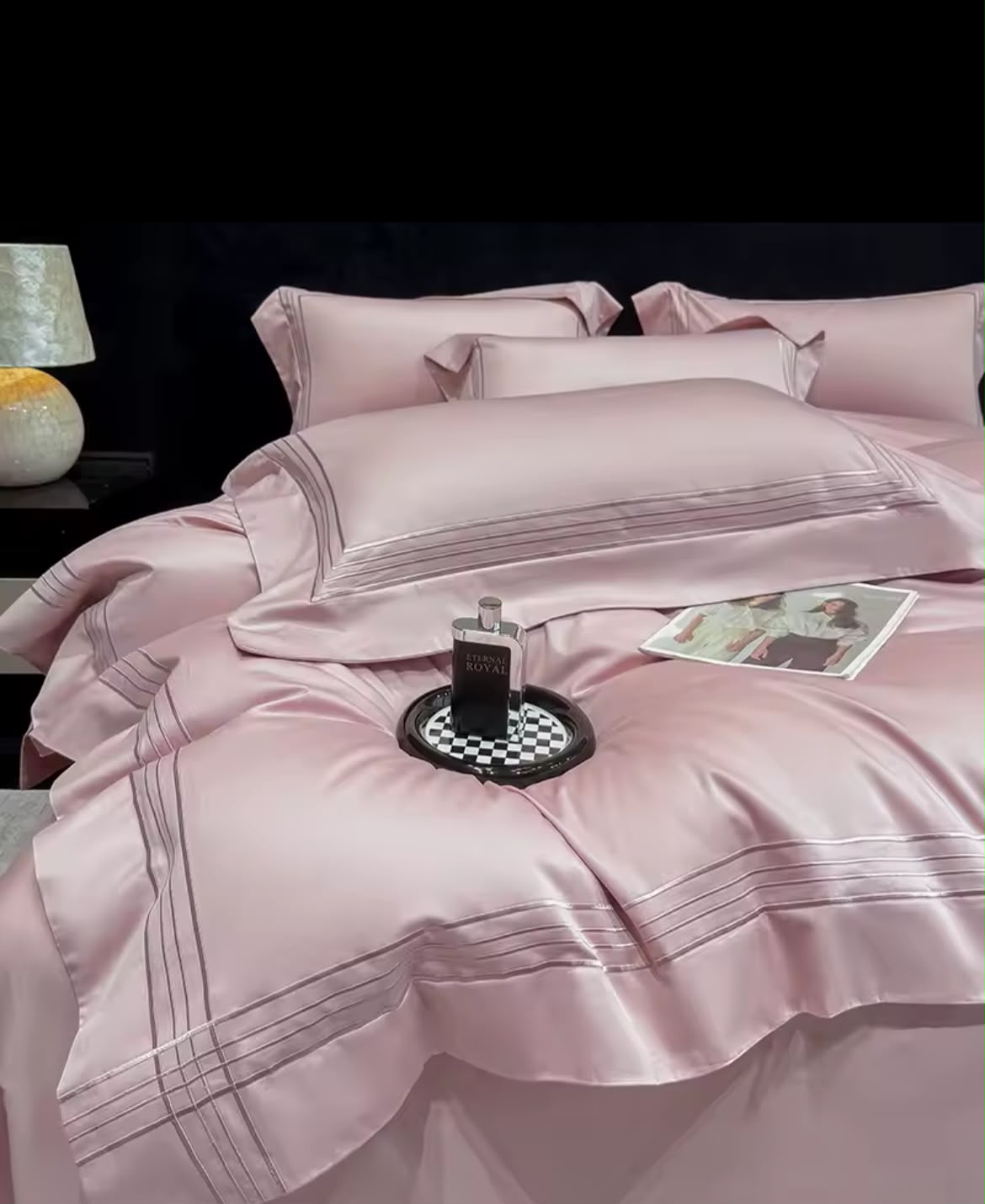 Blush pink Egyptian cotton duvet cover with triple-line embroidery border – lifestyle view