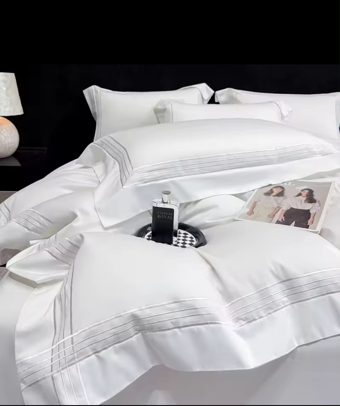 Pure white Egyptian cotton duvet cover with triple-line embroidery – full bed view