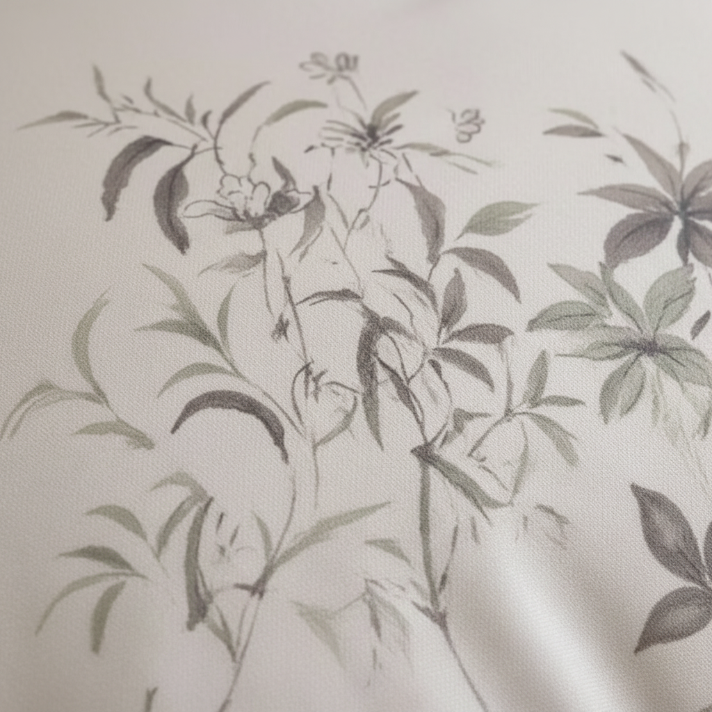 Close-up of floral botanical print on Egyptian cotton fabric
