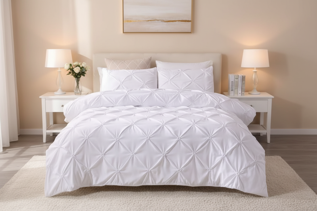 White pinch pleat duvet cover set styled on elegant king-size bed