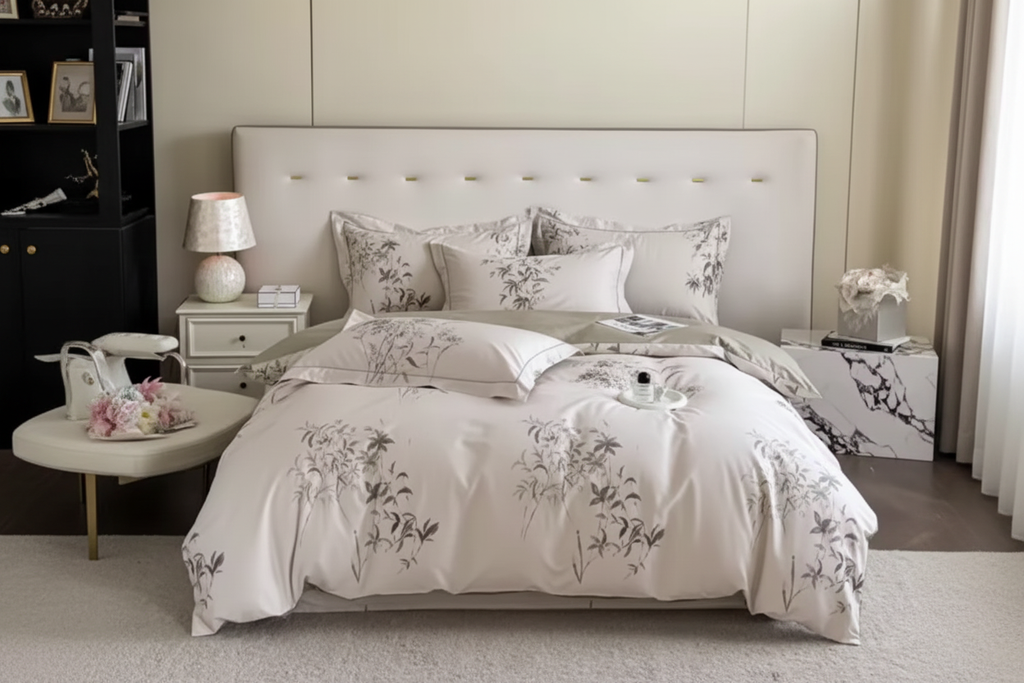 Floral Egyptian cotton duvet cover set styled on elegant king-size bed