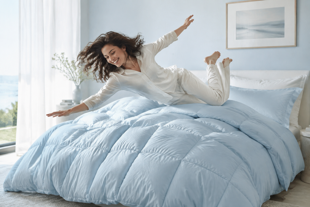 Person falling onto blue Aurora Cloud Duvet