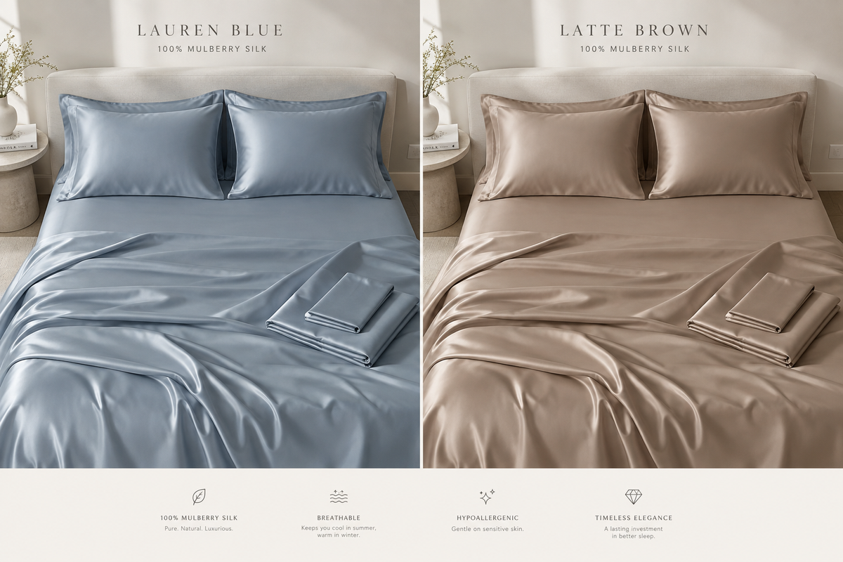 Solid Silk 4-Piece Bedding Set in Lauren Blue and Latte Brown