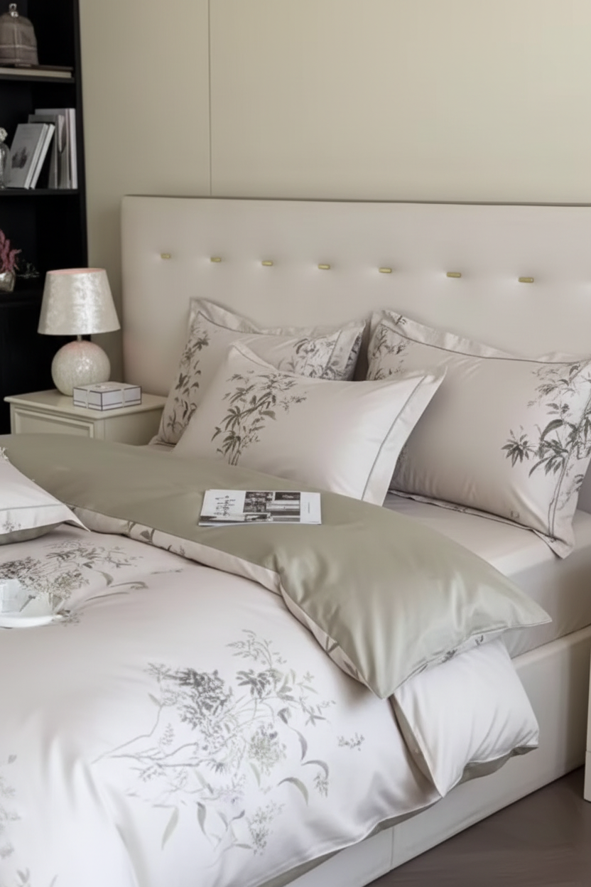 Elegant floral Egyptian cotton pillowcases styled on bed